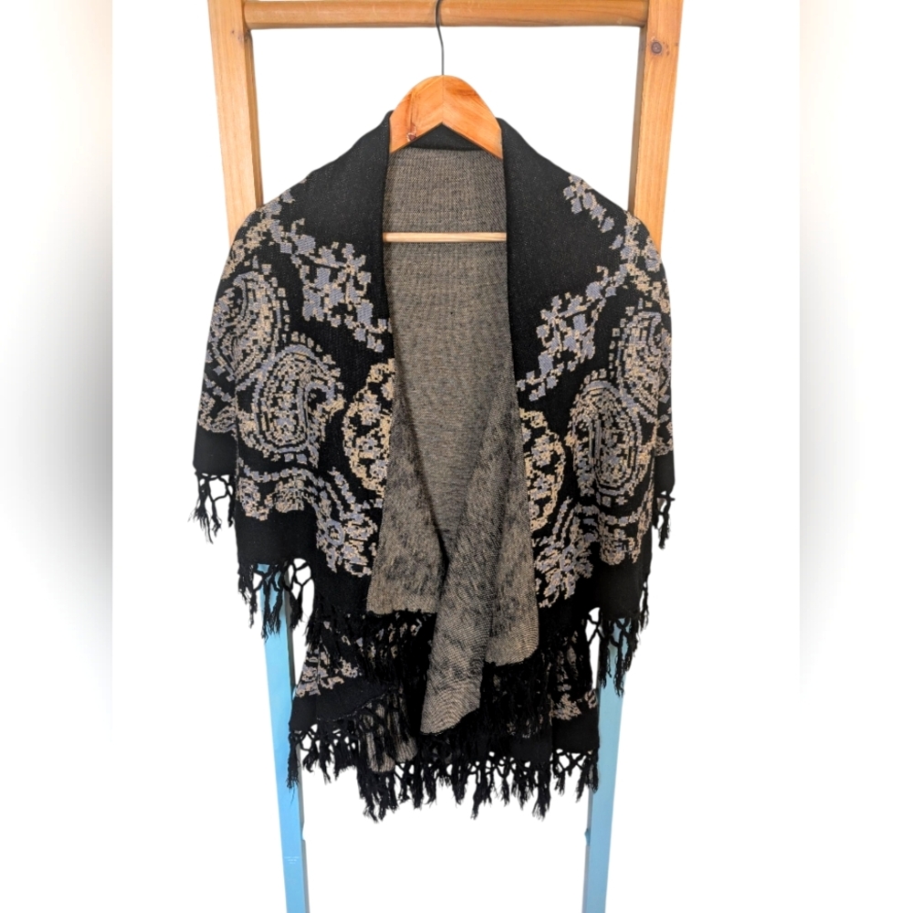 Cape Sweater Vest Paisley Blue Cream And Black Knit Western Bohemian